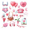 Hand drawnn pink watercolor valentine`s day set Royalty Free Stock Photo