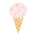 Cute hand drawn pink and gold cone ice cream illustration on white background