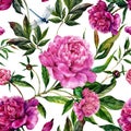 Hand drawn pink peonies bouquet seamless pattern