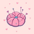 Hand drawn pink pincushion with pins and needles on pink background with hearts