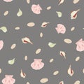 Hand drawn pink,red and beige seashells on greybackground seamless repeat. Royalty Free Stock Photo