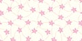 Hand drawn pink star shaped flowers with orange curves network on off white background. Vector seamless pattern
