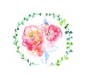 Hand drawn pink stylized watercolor roses in watercolor circle of twigs