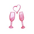 Hand drawn pink watercolor glasses with heart isolated on white background.