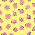 Hand drawn pink watermelon slices and lemons on yellow background. Seamless pattern. Vector Royalty Free Stock Photo