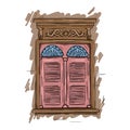 Hand drawn pink window. Vintage artistic architecture shutters