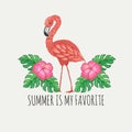 Hand drawn pinky flamingo and tropical flowers and leaves with slogan to glam to give a damn,for t shirt printing and embroidery,