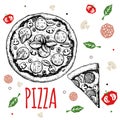 Hand drawn pizza Pepperoni design template. Sketch style traditional Italian food. Doodle flat ingredients. Whole pizza and slice. Royalty Free Stock Photo