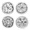 Hand drawn pizza. Top view. Sketch style. Margarita, with salami and mushrooms, Frutti di Mare seafood pizza and Prosciutto crud Royalty Free Stock Photo