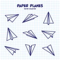 Hand drawn planes on checkered paper sheet. School notebook for drawing. Doodle airplane. Aircraft icon, simple