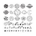 Hand drawn planets, stars, asteroids and other space objects. Cute doodle style. Sketch set of space elements and symbols. Royalty Free Stock Photo