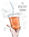 Hand drawn plastic juice cup with orange juice. Female hand holding drink mug with juice.