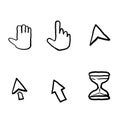 Hand drawn Pointer cursor icons. Web arrows cursors, mouse clicking and grab hand pixel icon. Computer pointers, internet cursor Royalty Free Stock Photo