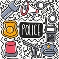 hand drawn police equipment doodle set