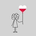 hand drawn polish girl, love Poland sketch, curly girl with a heart shaped balloon, black line vector illustration