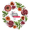 Hand drawn pomegranate composition. Vector colored engraved illustration. Juicy natural fruit. Food healthy ingredient