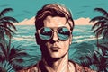 Hand drawn pop-art style illustration of a beautiful young man with sunglasses on a tropical beach. Generative AI Royalty Free Stock Photo