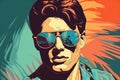 Hand drawn pop-art style illustration of a beautiful young man with sunglasses on a tropical beach. Generative AI Royalty Free Stock Photo