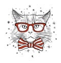Hand drawn portrait of Cat in glasses with bow tie. Vector illustration isolated on white Royalty Free Stock Photo