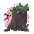 Hand drawn portrait of Christmas pug dog Vector. Royalty Free Stock Photo