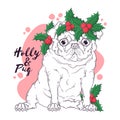 Hand drawn portrait of Christmas pug dog Vector. Royalty Free Stock Photo