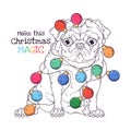 Hand drawn portrait of Christmas pug dog Vector. Royalty Free Stock Photo