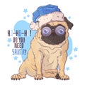 Hand drawn portrait of Christmas pug dog Vector. Royalty Free Stock Photo