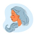 Hand drawn portrait, colorful picture. Profile portrait of young woman with blue long hair, mermaid style. Cute