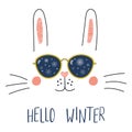 Hello Winter lettering with bunny in glasses Royalty Free Stock Photo