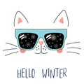 Hello Winter lettering with cat in glasses