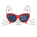 Hello Winter lettering with cat in glasses Royalty Free Stock Photo