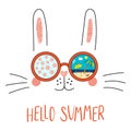 Hello Summer lettering with bunny in glasses Royalty Free Stock Photo