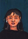 Hand drawn portrait of girl. Aged 18-25. Asian young lady. Black shoulder-length hair. Yellow skin. Acrylic, oil and gouache