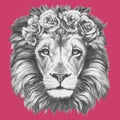 Hand drawn portrait of Lion with floral head wreath.