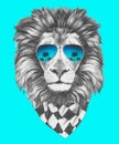 Hand drawn portrait of Lion with sunglasses and scarf.