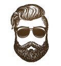 Hand drawn portrait of man with beard. Hipster, sunglasses sketch. Vintage vector illustration