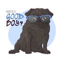 Hand drawn portrait of the pug dog in cute glasses Vector.