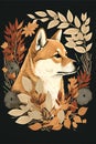 Hand drawn portrait of shiba inu dog with autumn leaves. Vector illustration.