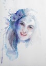 Hand drawn portrait of Watercolor beauty woman. Painting illustration