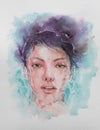 Hand drawn portrait of Watercolor beauty woman. Painting illustration on white paper