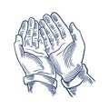 Hand drawn praying hands. A human prays, holding a rosary in his hands isolated on white background. Old vintage engraving sketch Royalty Free Stock Photo