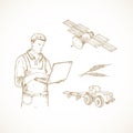 Hand Drawn Precision Agriculture Vector Illustration. Farmer with Laptop Operating Tractor with Satellite Engraving