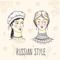 Hand-drawn pretty russian girl faces. Russian style design. Culture, way of life, traditions. Vector art.