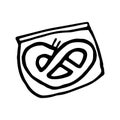 Hand drawn pretzel in a plastic package. Snack symbol in doodle style. Vector illustration isolated on white Royalty Free Stock Photo