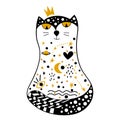 Hand drawn Princess Cat with the image of the cosmos. Cosmic Constellation of galaxies, planets, stars, hearts, eyes