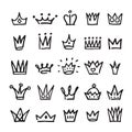 Hand drawn princess crowns. Black crown, isolated simple graphic icons. Luxury king elements, doodle children decorative