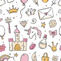 Hand drawn princess doodle seamless pattern. Beauty pattern with cute girl princess accessories, fairy unicorn, castle Royalty Free Stock Photo