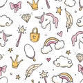 Hand drawn princess doodle seamless pattern. Beauty pattern with cute girl princess accessories, fairy unicorn, castle Royalty Free Stock Photo