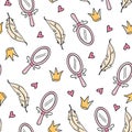 Hand drawn princess doodle seamless pattern. Beauty pattern with cute girl princess accessories, fairy unicorn, castle Royalty Free Stock Photo
