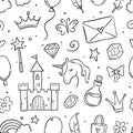 Hand drawn princess doodle seamless pattern. Beauty pattern with cute girl princess accessories, fairy unicorn, castle Royalty Free Stock Photo